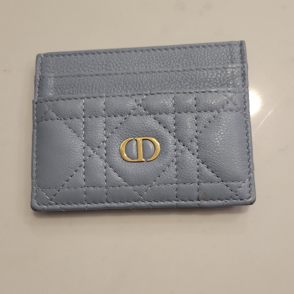 Dior Quilted Blue Card Holder with Gold Accent